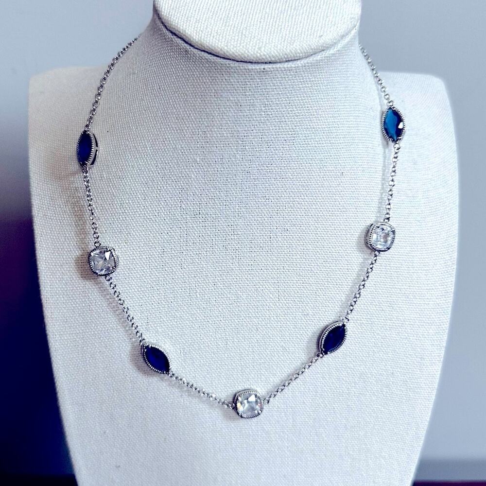 Carolee Uptown Girl Sapphire Crystal Illusion Collar Necklace Blue Silver tone